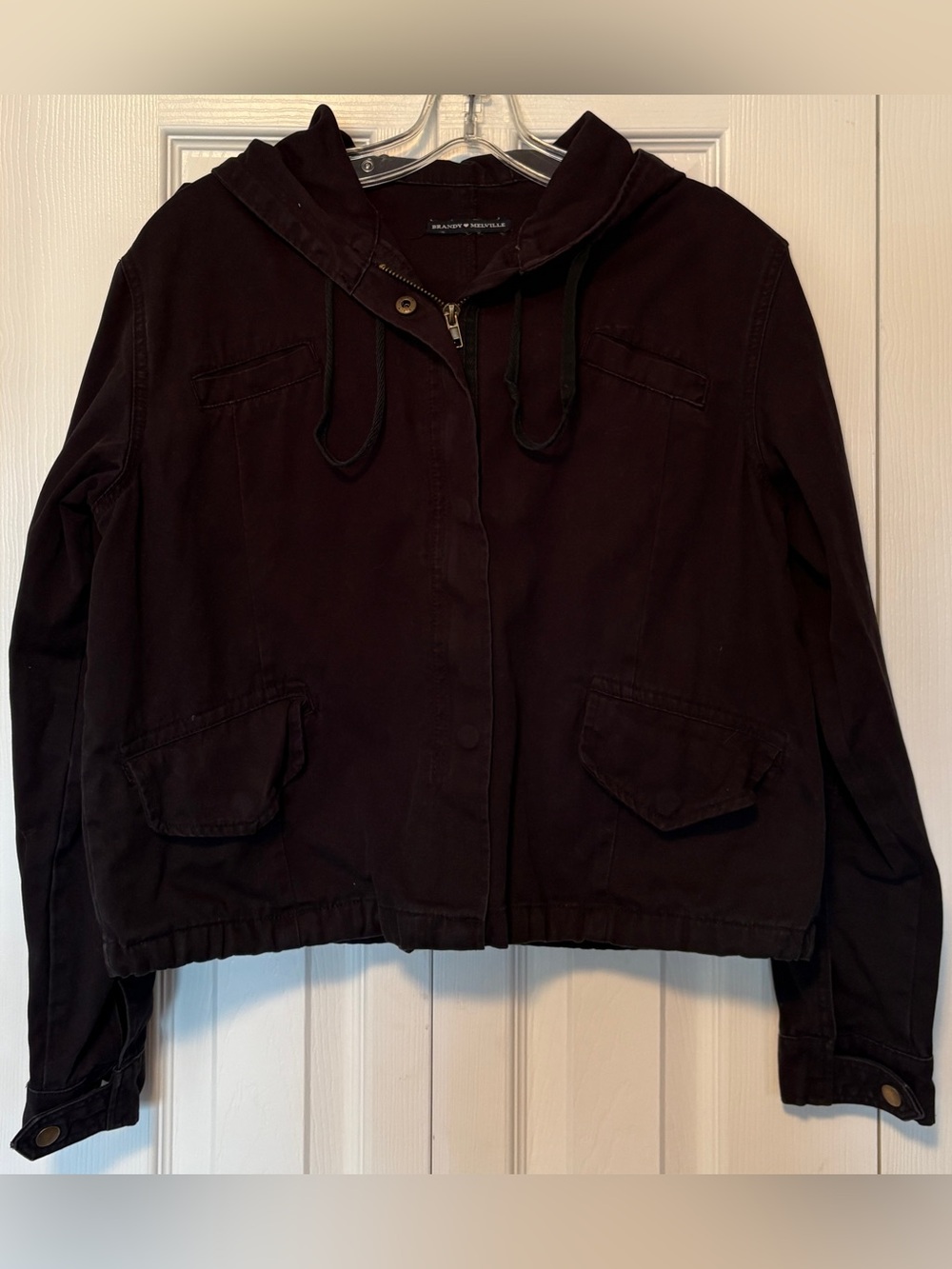 Brandy Melville Cropped Hooded Black Jacket One Size, Small